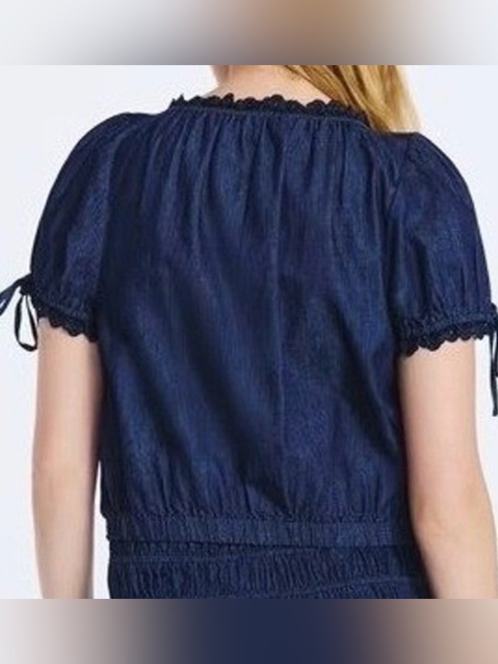 Free Assembly Embroidered Dark Wash Denim, Short Puff Sleeves Cropped Top-Small - Picture 4 of 6